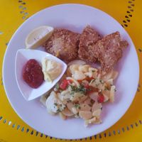 soy schnitzel  at Cafe Harvest in Vienna