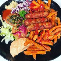 Soy sausage plate and chips.  at Soi Soi in Helsinki
