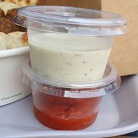 Garlic and roasted pepper dips at BOBA NA BABA - Bulgarian Vegan Kitchen - Cloud kitchen in East London
