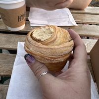 I ate the peanut butter pretzel on the cronut. I’ve never had a cronut b/c they’ve never been vegan    at Hyperion Coffee Co in Ypsilanti