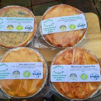 Grilled Vegetable Quiche, Cheezey Leek & Potato, Who Gives a Cluck and Moroccan Tagine Pie. at Taylors Free From in Stoke-on-trent