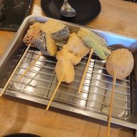 Vegtable Kushikatsu with beyond meat at Shinsekai Paprika Shokudo Vegan in Osaka