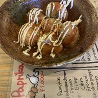 vegan Takoyaki (I think with mushroom inside)  at Shinsekai Paprika Shokudo Vegan in Osaka