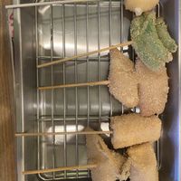 vegan kushikatsu and choose tempeh, mochi, eringi, shishito pepper and a sort of beans  at Shinsekai Paprika Shokudo Vegan in Osaka