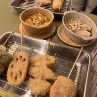 Buttered corn, enoki. Skewers - soy meat, beyond meat, banana, asparagus, broccoli, lotus root  at Shinsekai Paprika Shokudo Vegan in Osaka