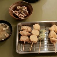 Soupe miso - takoyaki - kushikatsu at Shinsekai Paprika Shokudo Vegan in Osaka