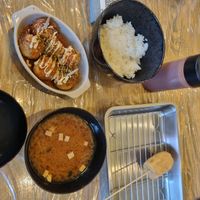 Takoyaki, rice, miso and a fried tempeh for around 1700 yen at Shinsekai Paprika Shokudo Vegan in Osaka