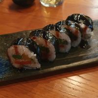 Plant Powered Roll: Tempura, asparagus, avocado, red pepper, pickled raddish, teriyaki sauce at Zumuku Sushi in Wilmslow
