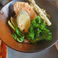 VEG TEMPURA RAMEN: Home made veg broth, mixed veg tempura, tokyo noodles, kikurage mushroom, nori at Zumuku Sushi in Wilmslow