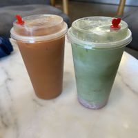Thai Milk Tea with Oat Milk (left) and Strawberry Matcha Latte (right) at Latea Bubble Tea Lounge in Champaign
