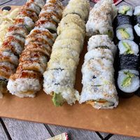 From left to right: okra roll, jalapeño roll, veggie tempura roll, tofu roll, avocado roll, cucumber roll at Ricky's Sushi in Portland