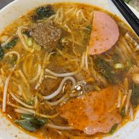 vegan classic vietnamese spicy noodle soup with faux ham and faux beef in a mushroom broth. there was a good amount of faux meats underneath the noodles that you can’t see in thi at Pho Metro in Markham