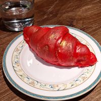 White chocolate and red fudgeice croissant at Round Kamppi Café in Helsinki
