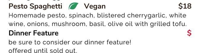 Pesto Spaghetti option  at Claudine's Eatery in Fredericton