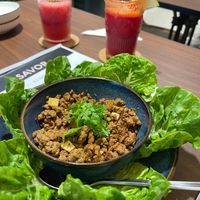LAAB NAM TOK RM23
A mouthwatering fusion of plant-based meat, fresh herbs, and crunchy sticky rice powder, all beautifully nestled in baby gem cups
 at SAVOR in Kuala Lumpur