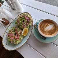 Bagel and coffee at Little Curious Bagels in Whanganui