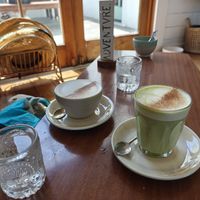 Spicy chai and matcha latte with oat milk at Little Curious Bagels in Whanganui