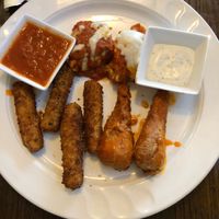 Appetizer trio- Eggplant rollatini, Buffalo drumsticks, Zuchinni sticks  at 3 Brothers Pizza Cafe in Farmingdale