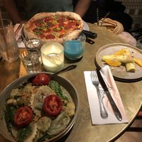 Pepperoni pizza, ravioli and leek  at Vegitalian in Amsterdam
