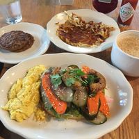 Avocado Toast with JUST Egg. Side of hash browns and plant-based sausage. Latte with Almond Milk. at Hope Breakfast Bar  in Eagan