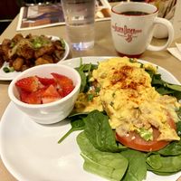 Just egg Benedict with fruit and side of breakfast potatoes  at Silver Diner - BWI Airport in Baltimore