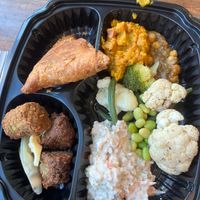Vegan food from their food line. Includes falafel (actually was rlly bad tho…rest tasted good), vegan tuna salad, two curry scoops, etc. at Whole Foods Market in Gainesville