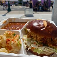 Shroom burger, baked beans, and potato salad at Soulistic Vegan in Schenectady
