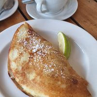 Egless pancake: fig preserve and pecan nuts. Capuccino with almond milk at Harrie's Pancakes in Graskop