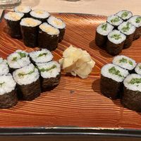Fermented soybean, cucumber, pickled plum with basili, pickled plum with cucumber (top left to bottom right)  at Kizuna Sushi in Tokyo