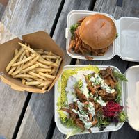 Burger small fries and rice bowl  at Chickpea Food Truck in Vancouver