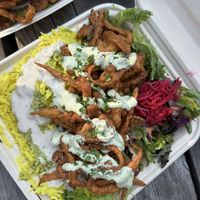 Calamari rice bowl  at Chickpea Food Truck in Vancouver