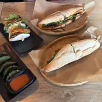 Green Gyoza, Lemongrass «chicken» bao, EatHappy bahn mi, Nori Jack bahn mi  at EatHappy Vegan - Rosenhoff in Oslo