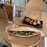 Iced tea, dumplings, bánh mì  at EatHappy Vegan - Rosenhoff in Oslo