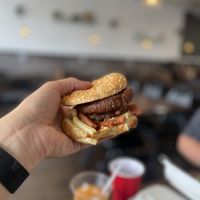 Backyard BBQ Burger: bacon was almost like spam fries, onion rings were wilted, only tasted BBQ sauce  at The Happy Hooligans in San Jose