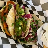 L to R: BnP Taco (w/ no egg), Tiki Taco, Avocado Taco  at Front Yard Tacos in Mobile