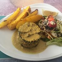 Adzuki bean terrine with salad and chips at Chirimoya in Salta