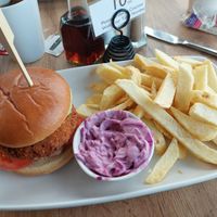 Vegan burger with chips and coleslaw at Cafe Groats in Wick