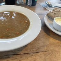 Lentil soup, bread and vegan spread  at Cafe Groats in Wick