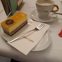 Mangoschnitte und Wiener Melange mit Haferdrink at Café Landtmann in Vienna