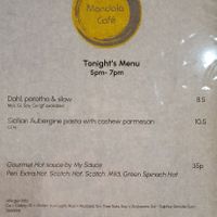 Sample menu at Mandala Café in East London