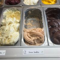 Top Row: Blueberry, Lemon, and Mango Sorbeto 
Bottom Row: Pineapple, White Peach, and Chocolate Sorbeto  at Perfecto Cafe in Vancouver