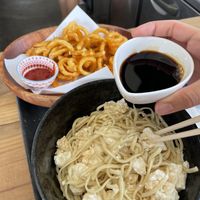 We improved and asked for chilled tofu with soya sauce on soba noodle without soup. And fries on the side.   at Octupus Garden  in Okinawa