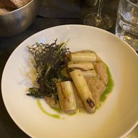 first entree: purè di patate dolci, con asparago e olio al prezzemolo  at Pierre Sang in Paris