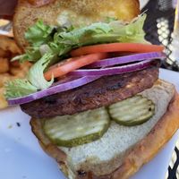 Black bean veggie patty with lettuce tomato pickles and red onion.  No sauce or vegan cheese, I added ketchup and mustard.   at Bryson City Brewing in Bryson City
