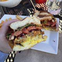 After adding ketchup and mustard, cut in half for better look at patty.  Was kinda spicy and fell apart a bit.    at Bryson City Brewing in Bryson City