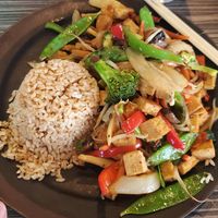 Vegan Szechwan with tofu & brown rice at Wok n Fire in Burr Ridge