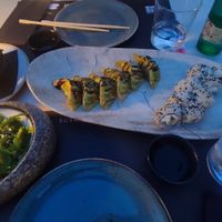 Edamame, Wakame salad, fried vegetable Gyoza's and vege Sushi Rolls at Biberon Sushi & Bar in Split
