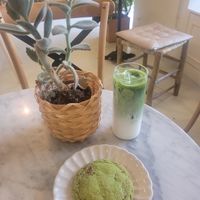 Vegan matcha cookie and iced matcha latte  at Noah's Coffee in Barcelona