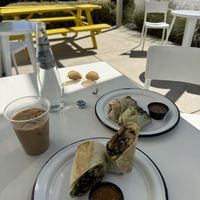 vegetarian burritos, made vegan + maple sea salt latte with oat milk!💗 at Daycamp Coffee in Chico