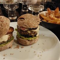 Home-made veggie burgers on home-made spelt buns, with healthy fries at Chambres d'hôtes Cornec in Ploubazlanec